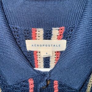 Aeropostale Blue Knit Cardigan with Red and Cream Stripes